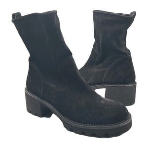 PAUL GREEN WANDA Boots Lug Sole Black Suede UTILITY Zipper Ankle Sz US 8.5 NEW